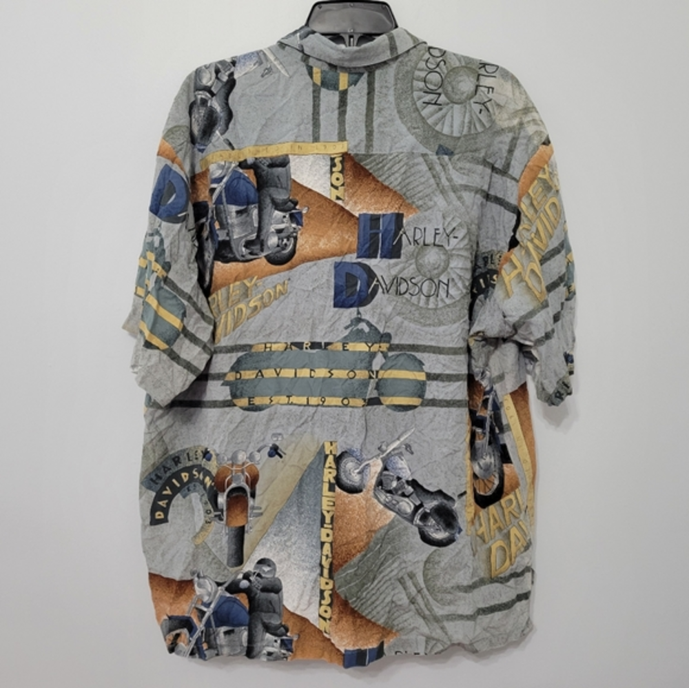 Harley Davidson Vtg Men's Gray Hawaiian Motorcycle Collage Style Shirt, Size 2XL - Picture 10 of 12
